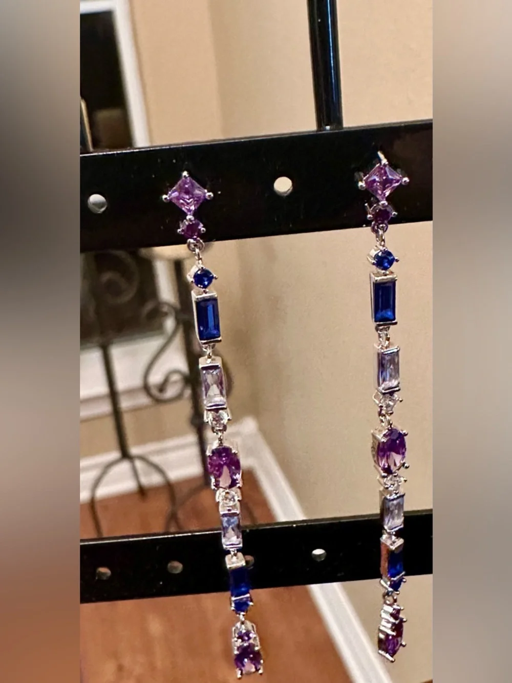 925 Sterling Silver Multicolor Stone Drop Earrings | Purple Blue Dangle-Long - Picture 1 of 5